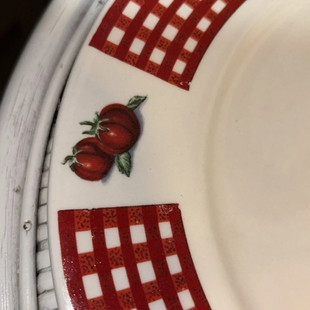 Red Gingham Corn Plate & Ceramic Corn Shaped holders / Small Forks Vintage 80s